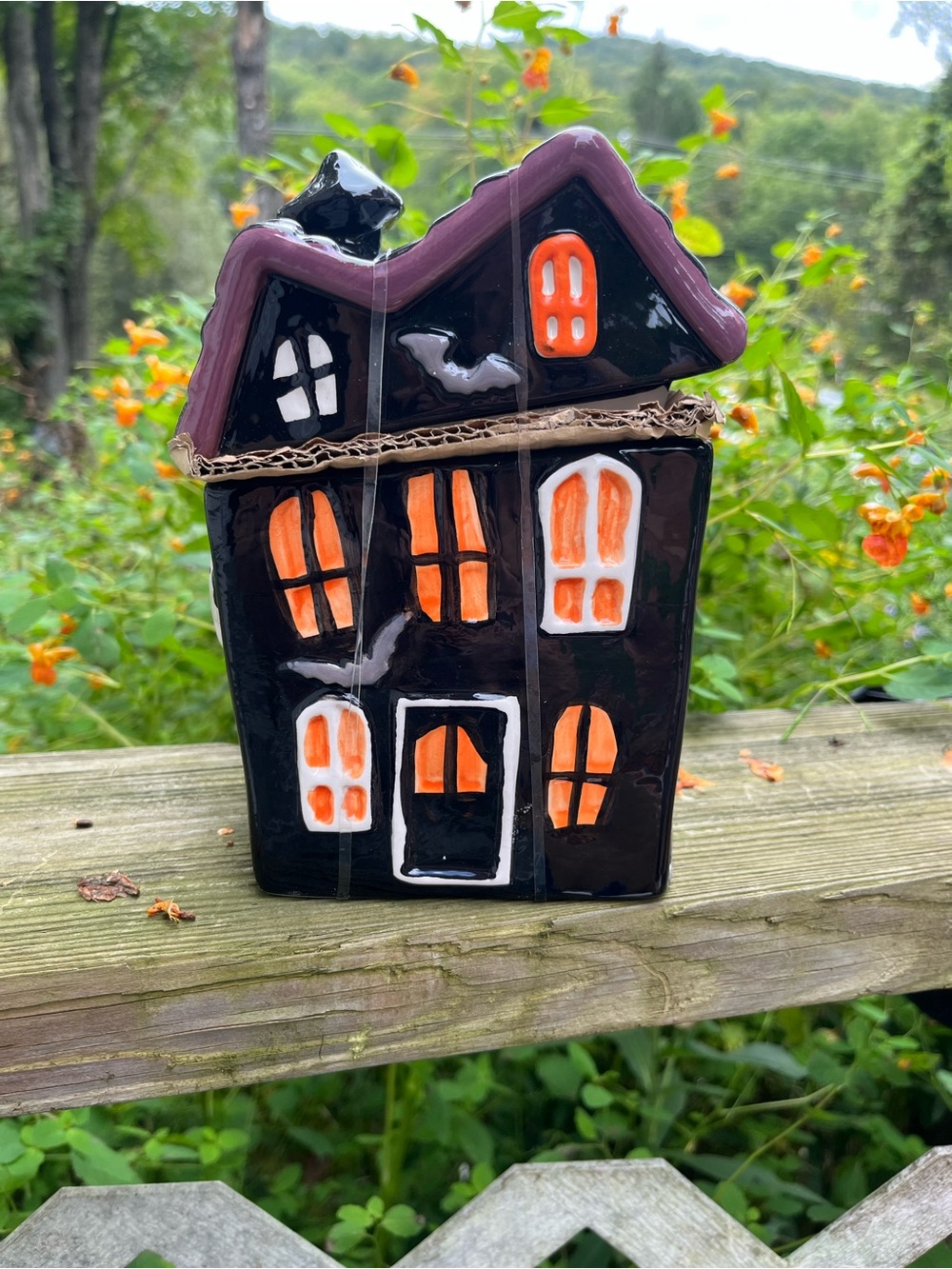 Black & Orange Ceramic Haunted House Accent - Decorative Halloween Figurine